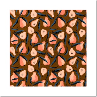 Orange pears with leaves pattern on brown background Posters and Art